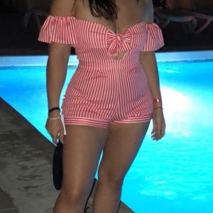 Tie Front Off The Shoulder Stripe Playsuit